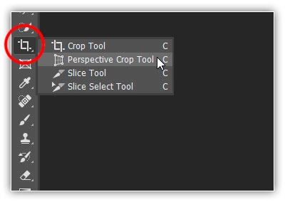 Escolhendo a ferramenta Perspective Crop por trás da ferramenta Crop padrão.
