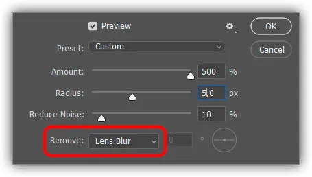 Lens Blur é a configuração que você usará para a maioria das imagens.