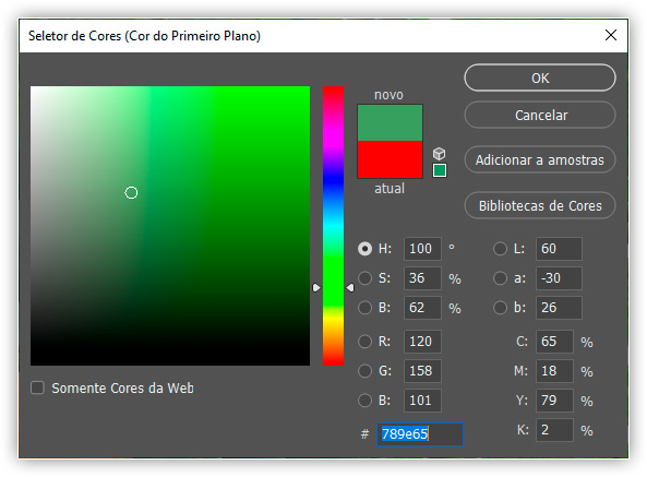 O Color Picker é a maneira mais comum de selecionar cores no Photoshop.