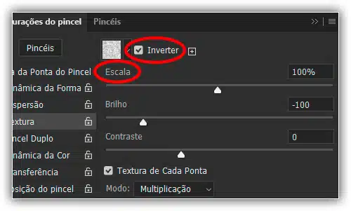 Use Inverter se precisar trocar os valores de brilho de sua textura. Use o controle deslizante Escala para alterar o tamanho da textura dentro do pincel.