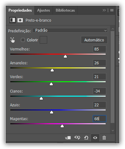 Arrastando os controles deslizantes de cores para ajustar as áreas em preto e branco.