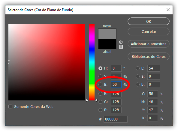 Alterando a cor de fundo para 50% cinza no Seletor de cores.